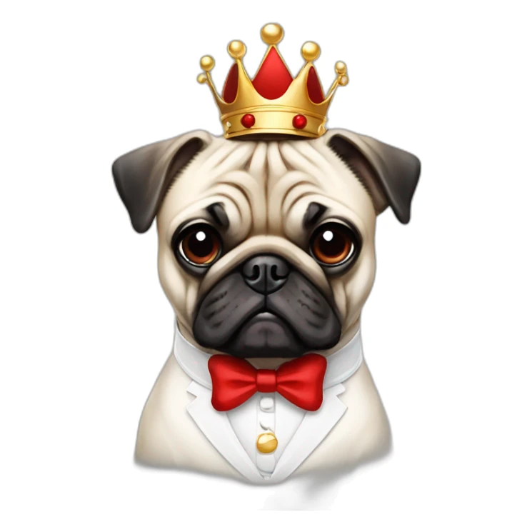 A dog (pug) with a crown in a white suit and a red bow an black baces sticker