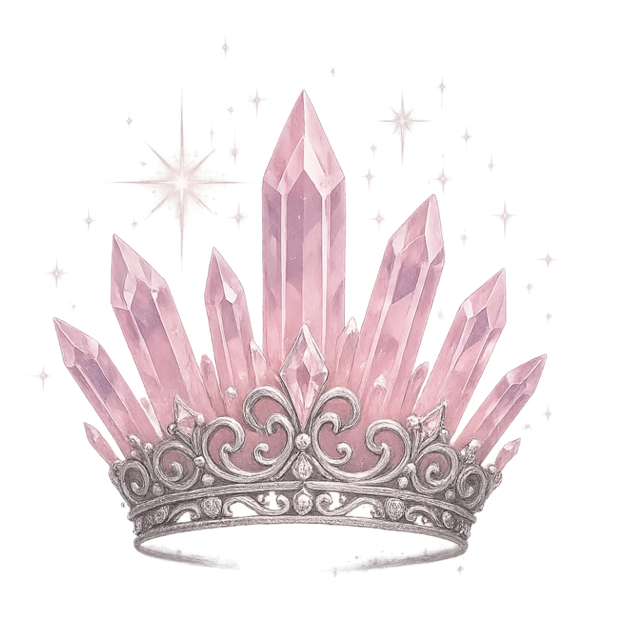 crystal crown in light pink with silver embellishments, radiating sparkling magical aura, transparent background sticker