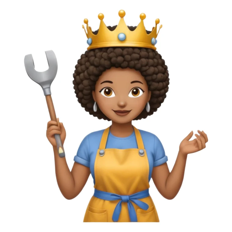 Mujer curvy afro, con vestimenta cómoda y delantal,con una corona sobre su cabeza y sonrisa contagiosa. En la mano herramientas de construcción sticker
