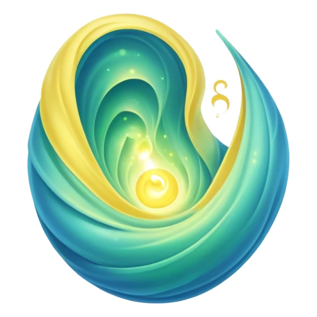 green-blue magical organic cocoon lit up with swirling yellow magic, ethereal and mystical, symbol shape, gentle green-blue hues sticker