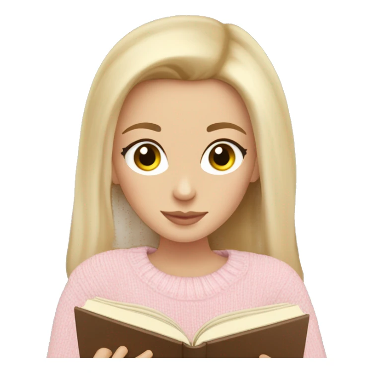 Pretty hazel eyed white girl with light pink sweater reading cozy sticker