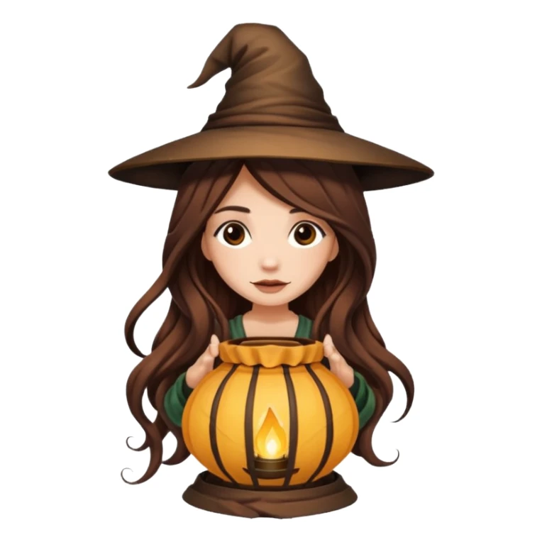 cute forest witch woman long wavy brown hair tattoos hiding inside lantern sticker