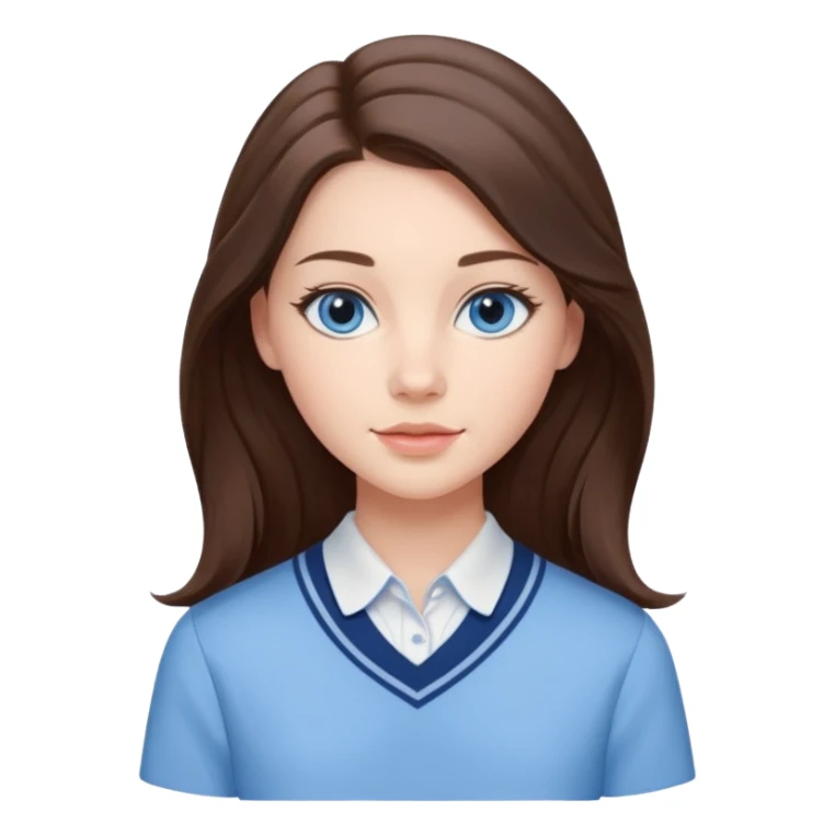 Realistic Student Portrait, with porcelain-like skin featuring a natural rosy flush, iHer Brunette Half-Up Style for Straight  hair flows in soft, Her deep blue eyes radiate warmth and innocence,  wear light blue preppy style. sticker