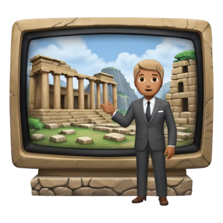 Icon for Documentary Film (TV style): A large TV screen with a host presenting in front of video footage showing ancient ruins. The design should evoke a vintage TV broadcast with historical content, complete with a clear view of the host and the ruins behind. Transparent background. sticker