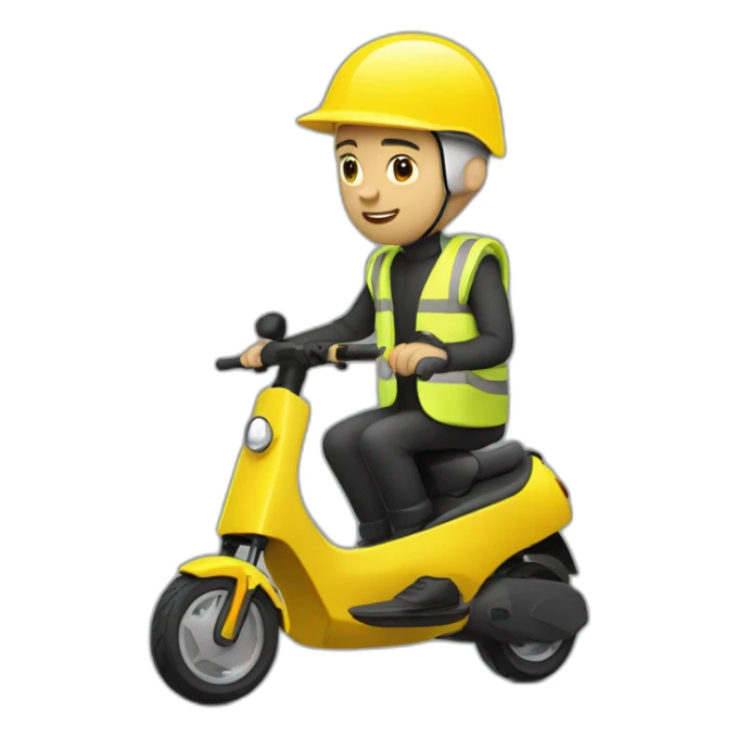 bald man with a yellow cycling helmet on a black xiaomi e-scooter whearing a yellow safety vest sticker