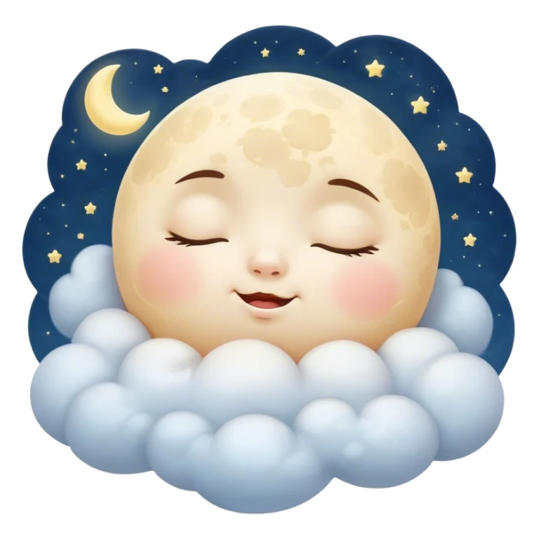 Cinematic adorable moon with a sleepy face, round and chubby, soft glowing light, tiny rosy cheeks, resting on a bed of fluffy clouds, dreamy and peaceful. sticker
