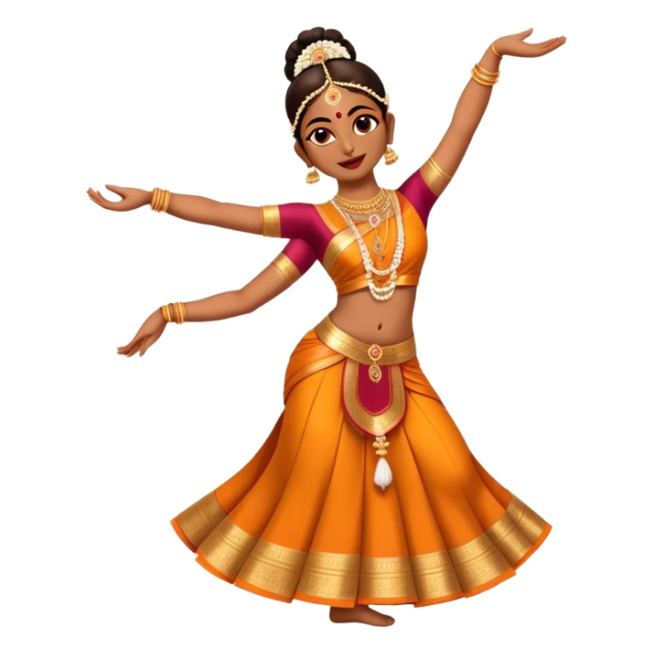 Cinematic Realistic Bharatanatyam Dance Emoji, depicted as an elegant classical Indian dance performance with graceful poses, intricate costumes, and expressive hand gestures, rendered with rich textures and warm dramatic lighting that captures its timeless beauty. sticker