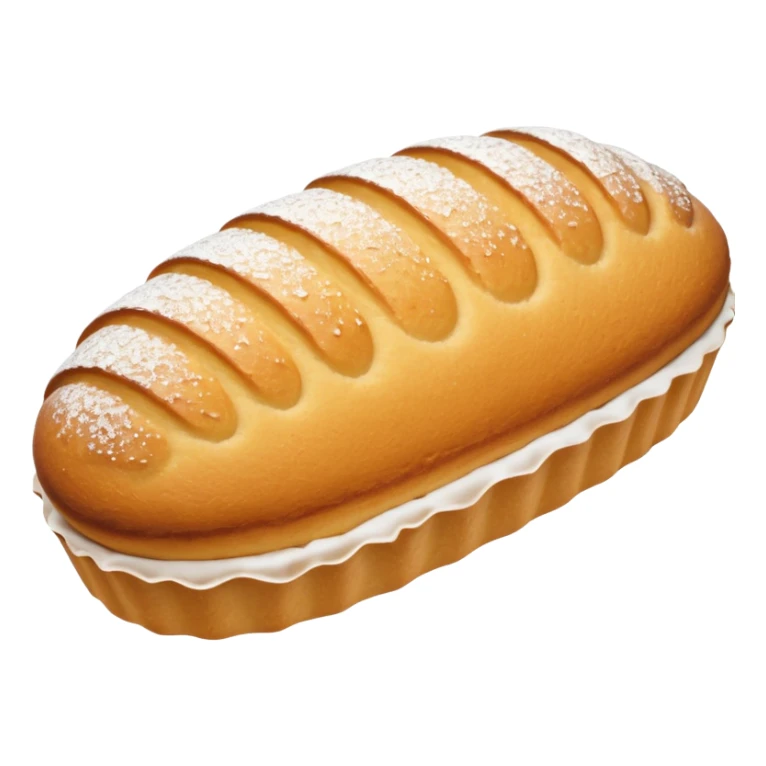 A madeleine pastry. Oval shaped with lines going in the same direction as the oval. Light golden brown. Scalloped edge sticker