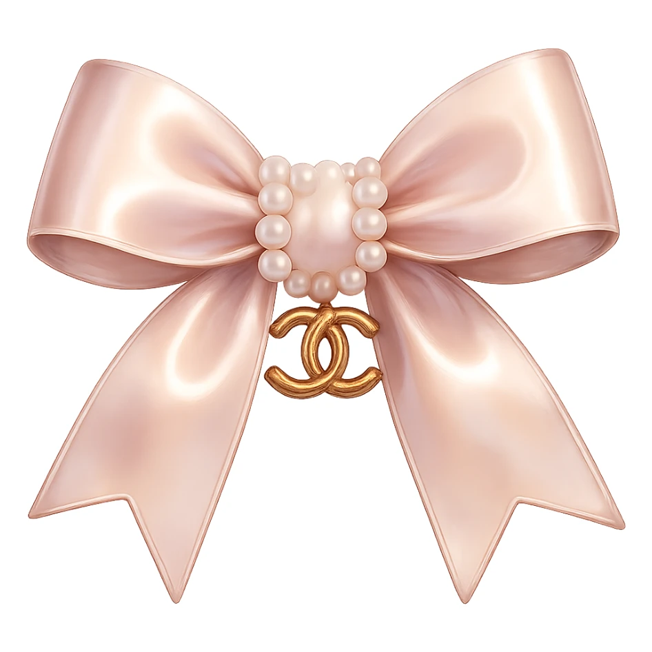 Remove the background, keep only the elegant bow with pearls and gold Chanel logo, glossy, pastel colors, realistic style, with no background. sticker
