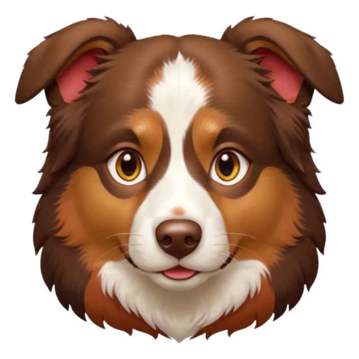 A tri color Australian shepherd with a chocolate brown base coat, red/gold fur on his eyebrows and snout/cheeks, a white chest, and gold eyes. No white on his face, only brown and gold. sticker