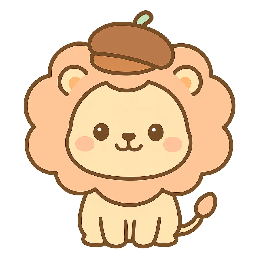 chibi kawaii lion, chestnut hat, round face, soft gentle colors, smiling warmly sticker