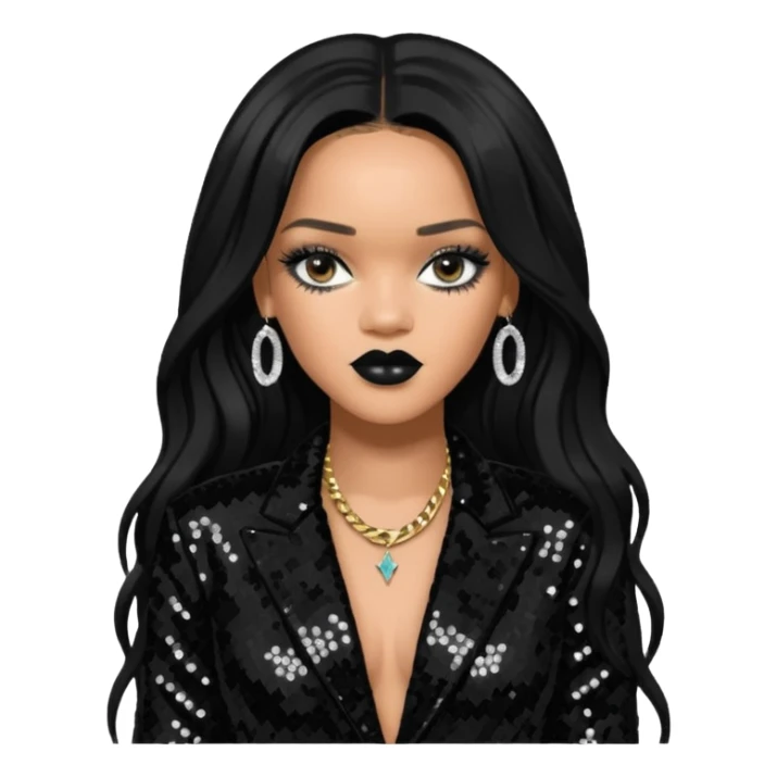 Rihanna with long jet black hair, black sequin outfit sticker