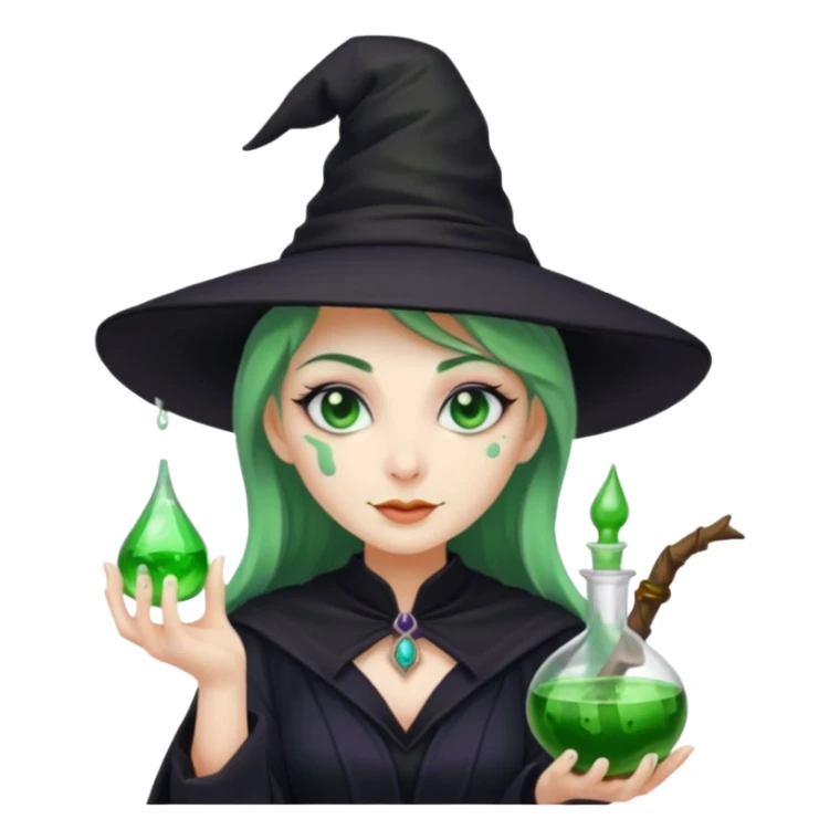 Witch with Green Skin – long-nosed witch in black hat holding potion sticker