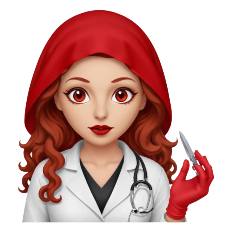 Lilith scalpel in hand, evil surgeon sexy surgeon clothes.  She has red eyes. She brown long curly hair. Wears sexy doctor outfit with red gloves. Wears red burka to hide her mouth and nose sticker