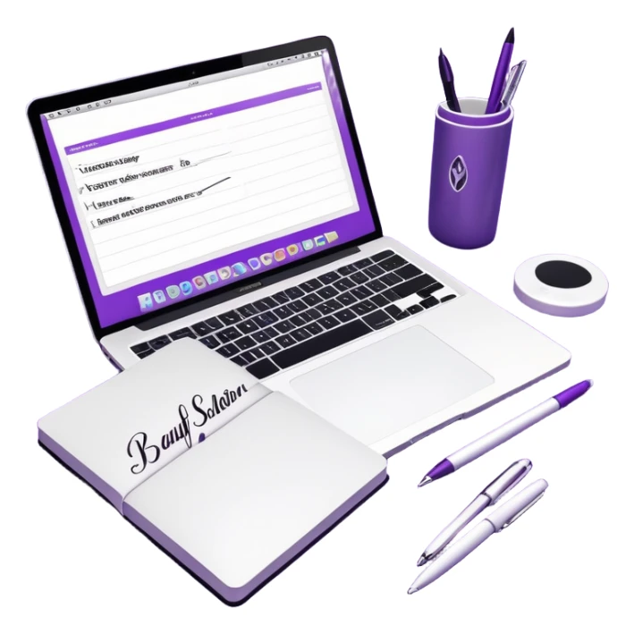 top view of a MacBook and a notebook with a pen nearby, notebook with visible notes, MacBook screen showing a beauty salon logo on a purple background sticker