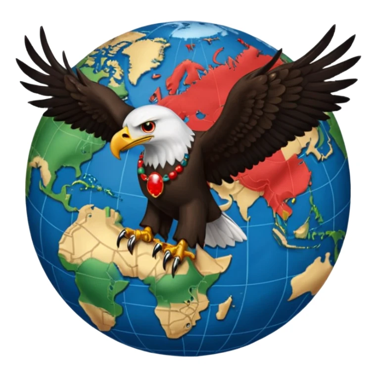 Fully black eagle with red mala bead necklace, the eagle's head facing the left with a single eye visible, wings spread full length, standing over an earth emoji with the African continent centered on the earth emoji. Replace the eye of the eagle with a Japanese Yen currency symbol. sticker