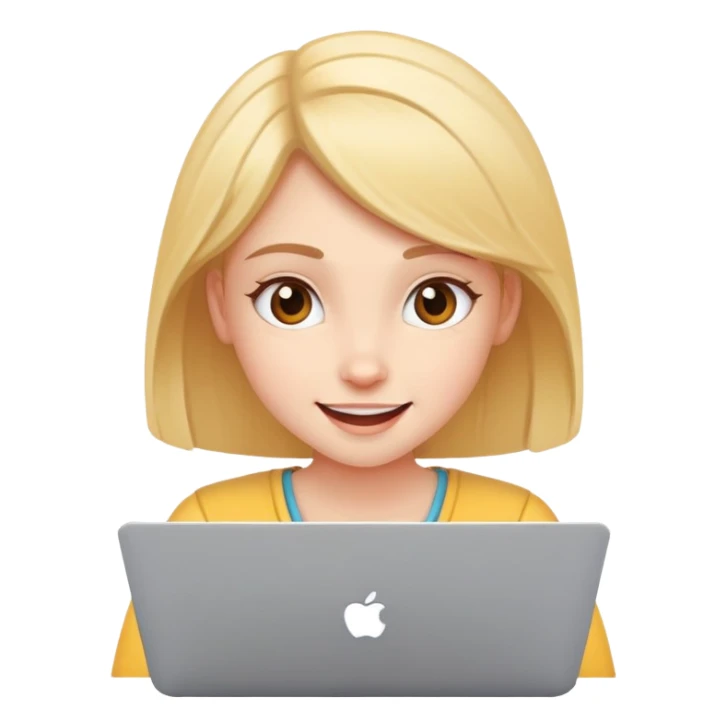 girl video editor facing a laptop, cheerful expression sticker