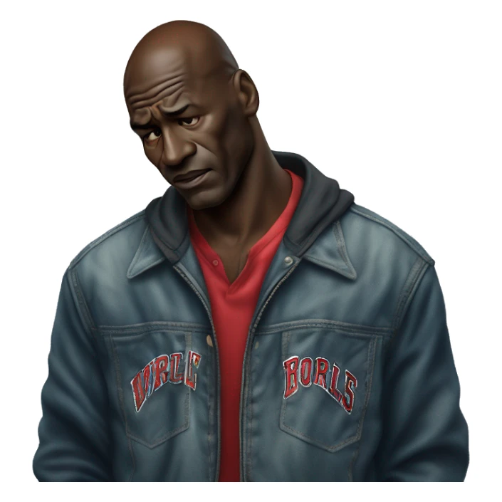 Michael Jordan in a jacket holds his head and is sad photorealistic serious sticker
