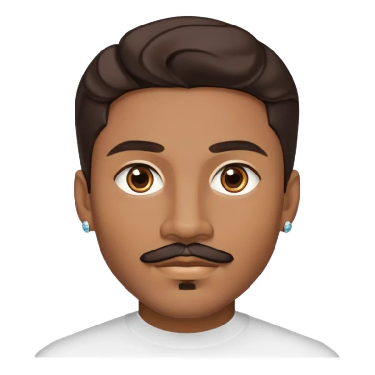 Young man with medium brown skin, mixed-race ethnicity, long wavy dark brown hair with an EXTREMELY PRECISE CENTER PART exactly aligned with the middle of the face, hair parted perfectly symmetrically on both sides, mustache separated from goatee, medium brown eyes, small diamond stud earrings, head only sticker