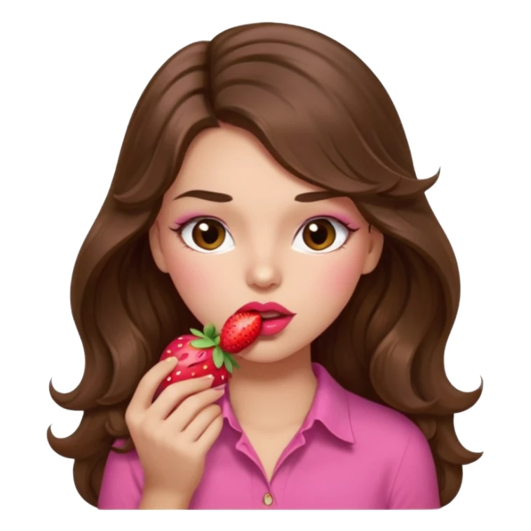 girl with long wavy brown hair, brown eyes, light to medium complexion, in a pink shirt, pink lips, long lashes, sexy , puckering lips kissing, blushing, eating a strawberry sexy sticker