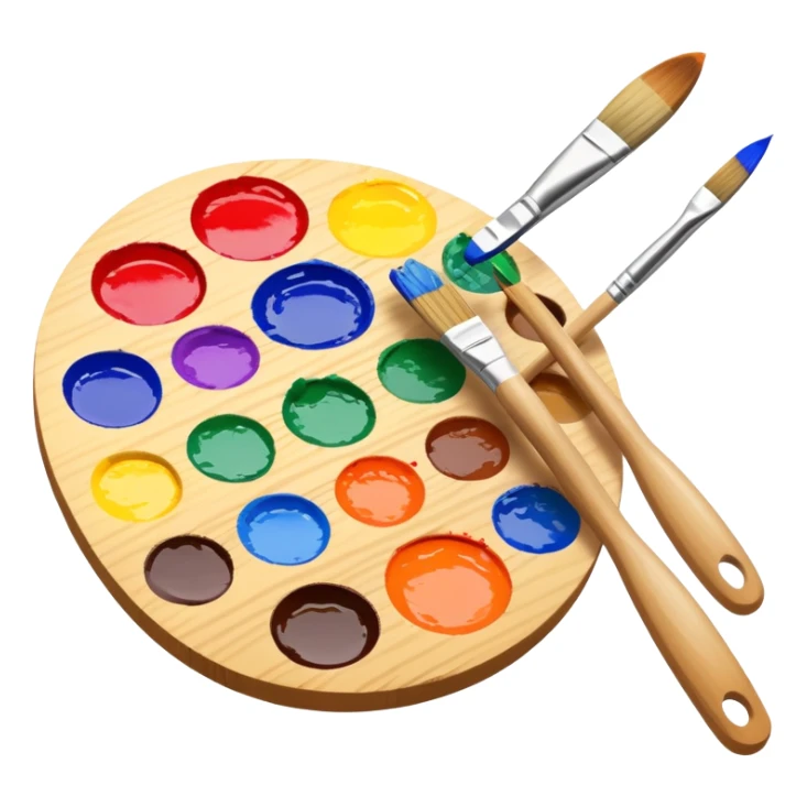 Paint palette with colorful paints and brush sticker