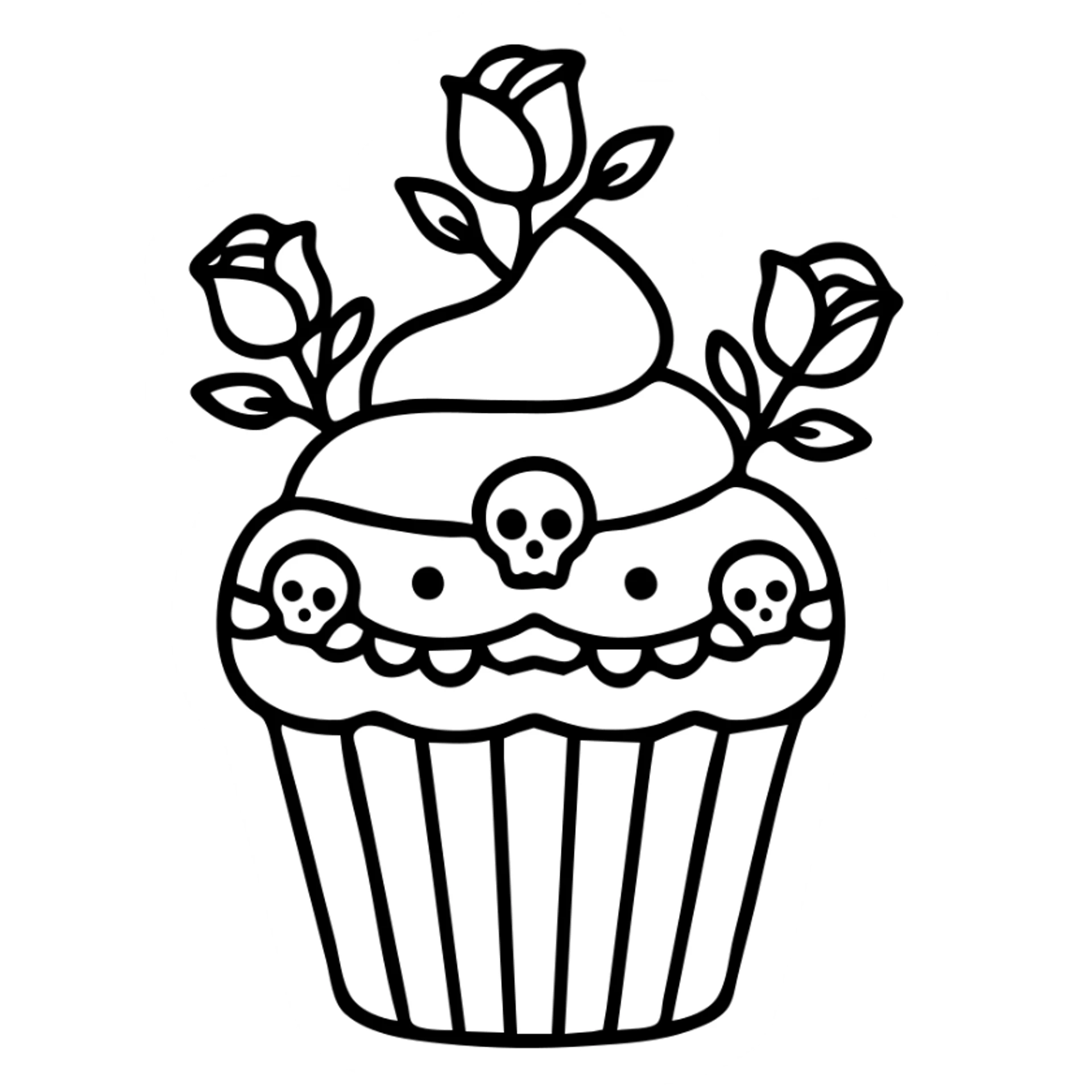 Gothic cupcake in outline icon style, burgundy color, with gothic decorations such as black lace, tiny skulls, and dark roses, no background sticker
