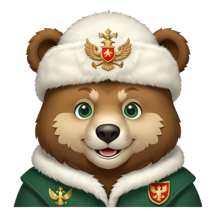 Grinning Russian bear with forest green eyes, fluffy white ushanka hat adorned with double-headed eagle coat of arms sticker