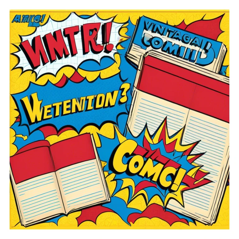 Create a vibrant emoji, representing comic books and graphic novels as an art form. The design should feature a large, opened comic book with vintage comic panels on the pages. Include a pencil (without a hand), writing text or sketching on the pages. The comic panels should have bold lines and retro-style artwork with classic comic book visuals. Use bright, energetic colors like red, yellow, and blue to evoke excitement and creativity. The overall design should feel dynamic, vintage, and artistic. Make the background transparent. sticker