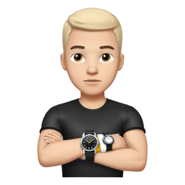 man wearing a black strap watch on his wrist portrait, head and shoulders only, wrist clearly visible, black leather strap watch worn on arm, confident expression, 3D cartoon, mobile game icon style, clean background, no text, no watermark
 sticker