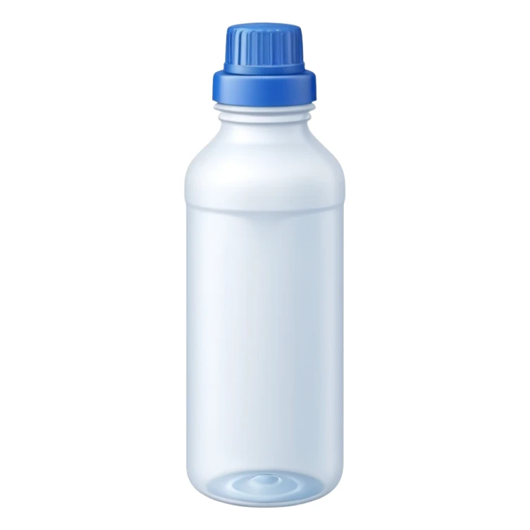 tall opaque plastic bottle with narrow neck, molded grip, screw cap, white bottle with blue cap, slightly industrial shape, strong cleaning use, no label, no hazard sign, sealed bottle, soft lighting, subtle shadows, emoji scale sticker