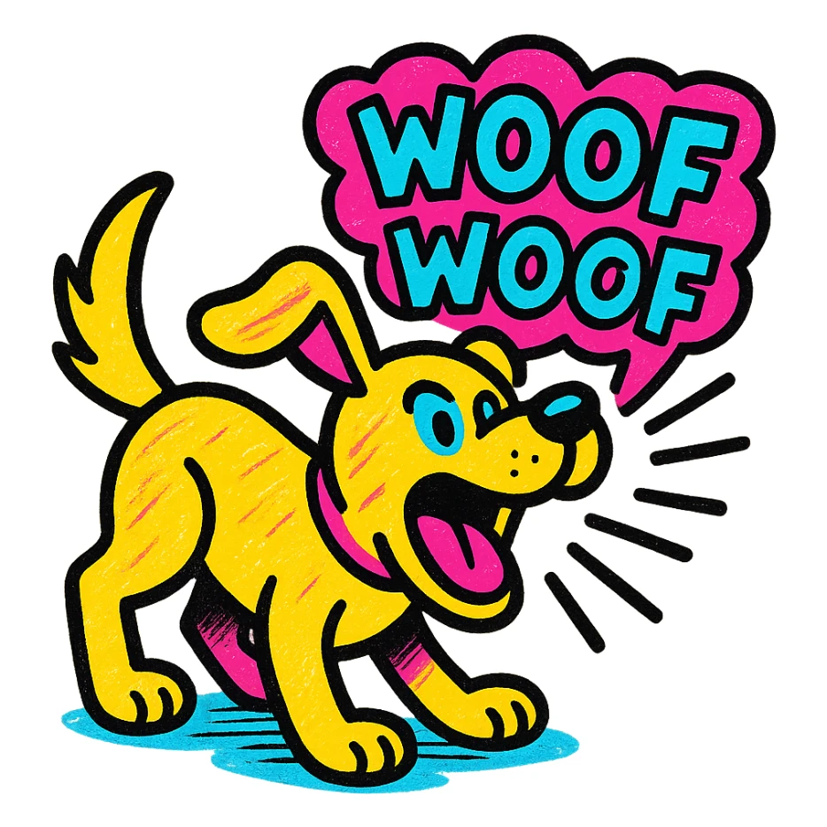 playful dog barking with mouth open in energetic pose, inspired by the phrase 'Woef Woef', vibrant pop colors style sticker