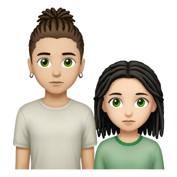 couple standing next to eachother. boy light skinned, short brown dreads, and green eyes. the girl is light skinned, straight black hair, and brown eyes sticker
