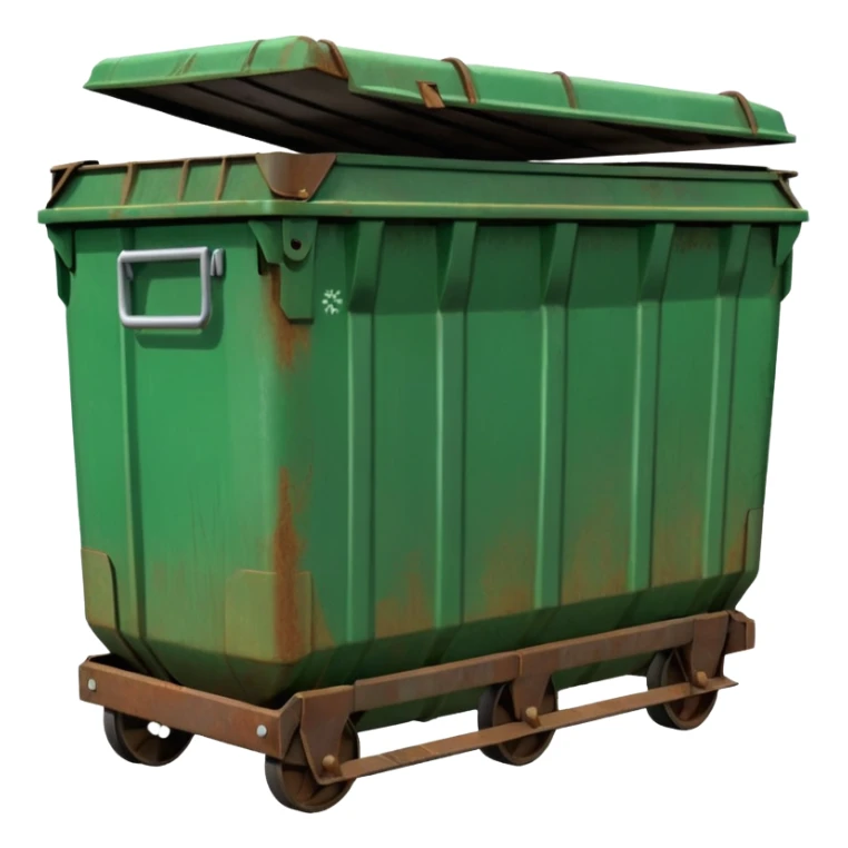 a green closed dumpster, No trash, BOTH THE LIDS CLOSED sticker