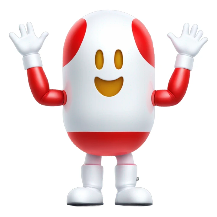 Very shiny full body pill capsule head with puffy body and welcoming waving Mickey Mouse arms braun Japanese inspired Anpanman with big boots and antennae red and white colors only sticker