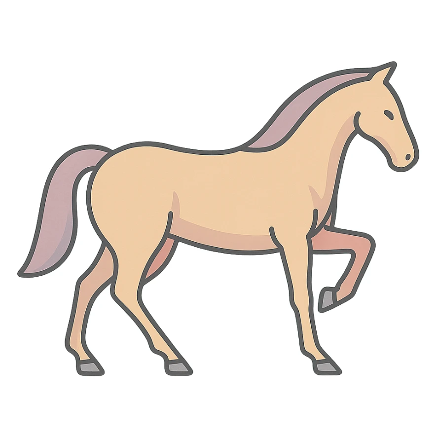 A horse in Chinese eastern style with one front leg bent and raised, the rest on the ground, thin clean contours, soft rounded shapes, pastel palette #98B5BC, #B5B3C1, #C9A3C9, #E4C0CA, #F7DCD1, #F7C0AA, detailed shadows and highlights, soft lighting, transparent background, less cute, no decorative elements. sticker