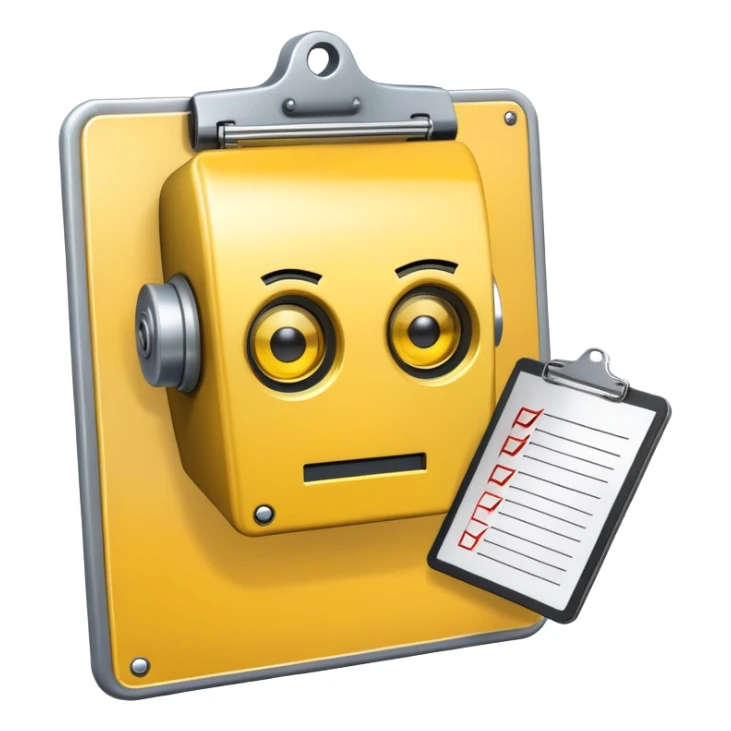 robot head with a yellow clipboard checklist with a warning symbol on it sticker