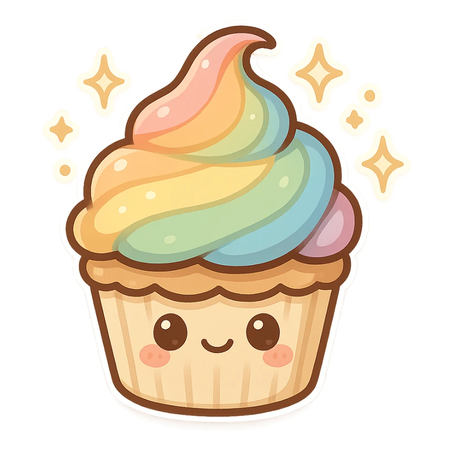 chibi sticker-style cupcake with rainbow frosting and sparkles, pride, cute and exaggerated sticker