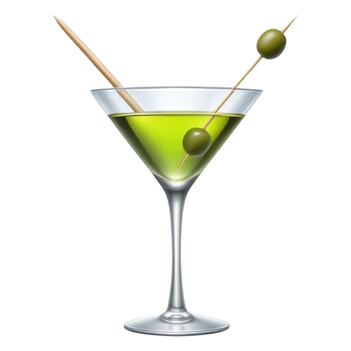 martini glass with completely colorless transparent liquid like pure water, with a green olive at the bottom skewered by a toothpick sticker