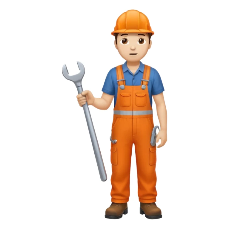 railway engineer, looking tired in orange overalls, boots, holding a spanner sticker