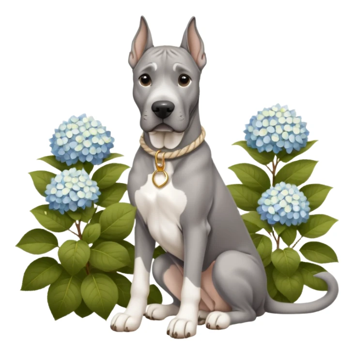 Gray Great Dane with natural ears white rope collar and rope Leash with gold accents sotting near a white hydrangea bush  sticker