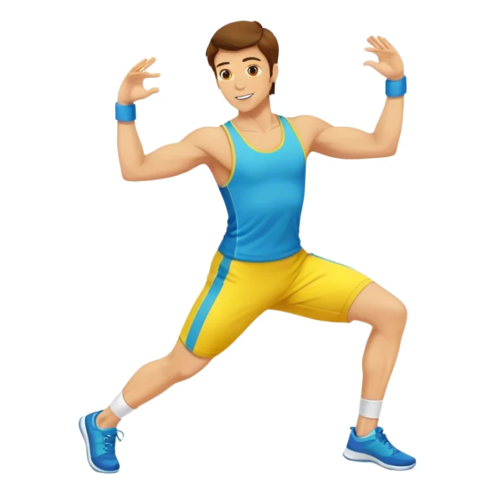 yellow man with brown hair doing aerobics in a coloful outfit sticker