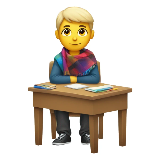 white boy sitting in a school desk with a colorful blanket wrapped around shoulders sticker