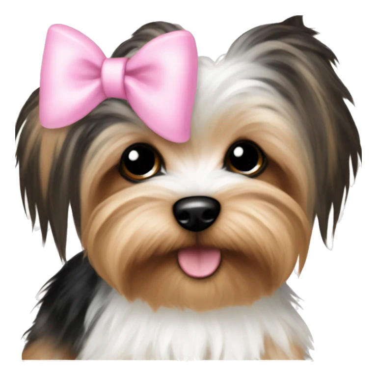 Tiny tiny white brown and black Yorkie puppy with a pink and white bow sticker