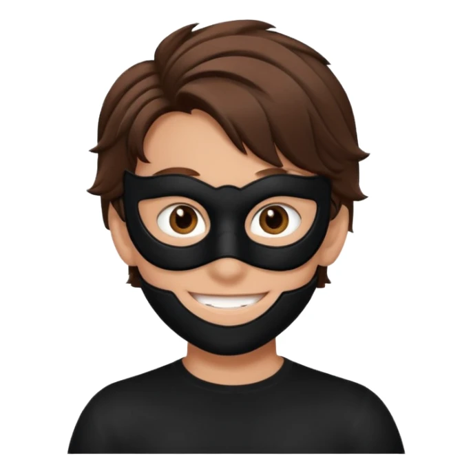 messy hair boy in a sleek black mask, playful eyes showing sticker
