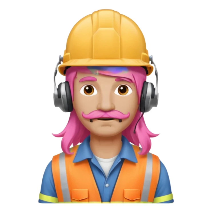 construction worker with long pink hair and headphones and mustache sticker