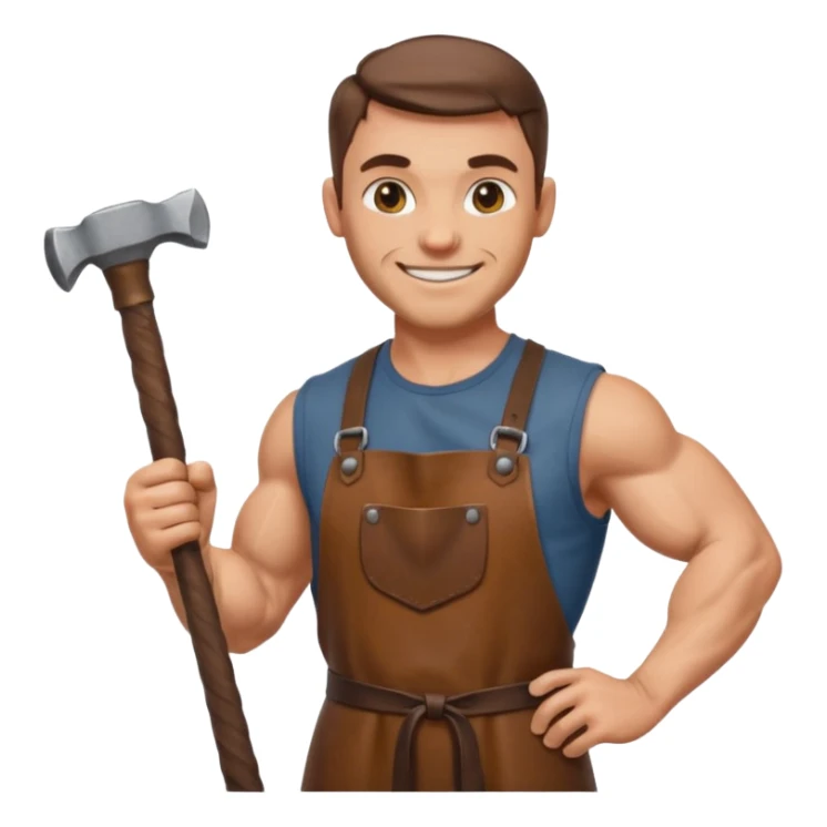 Emoji portrait of a Celtic blacksmith. Work clothes, muscular arms, holding a hammer and wearing a leather apron. sticker