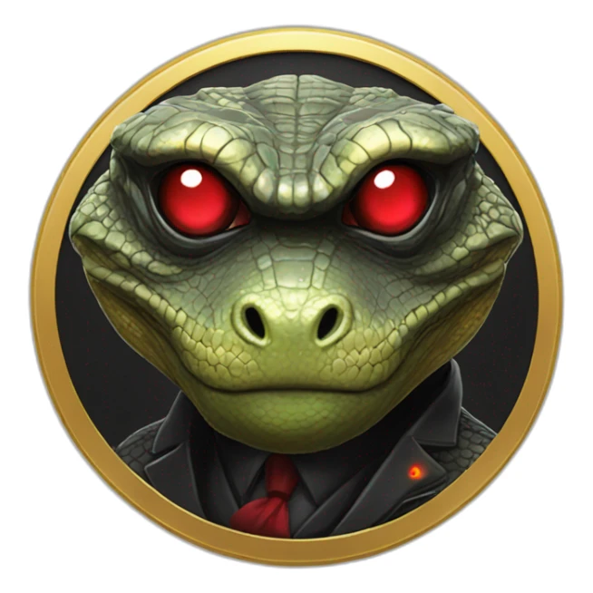 Reptilian with red laser eyes in black suite on the golden coin sticker