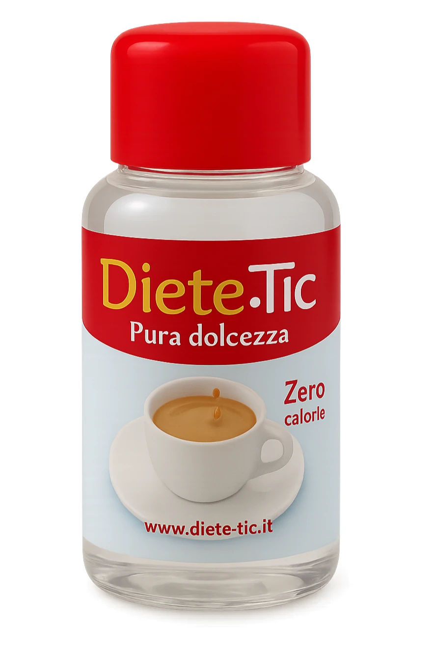 BOCCETTA DI DOLCIFICANTE LIQUIDO CON LA SCRITTA "DIETE-TIC" SULL'ETICHETTA FLUTTUA IN ARIA sticker