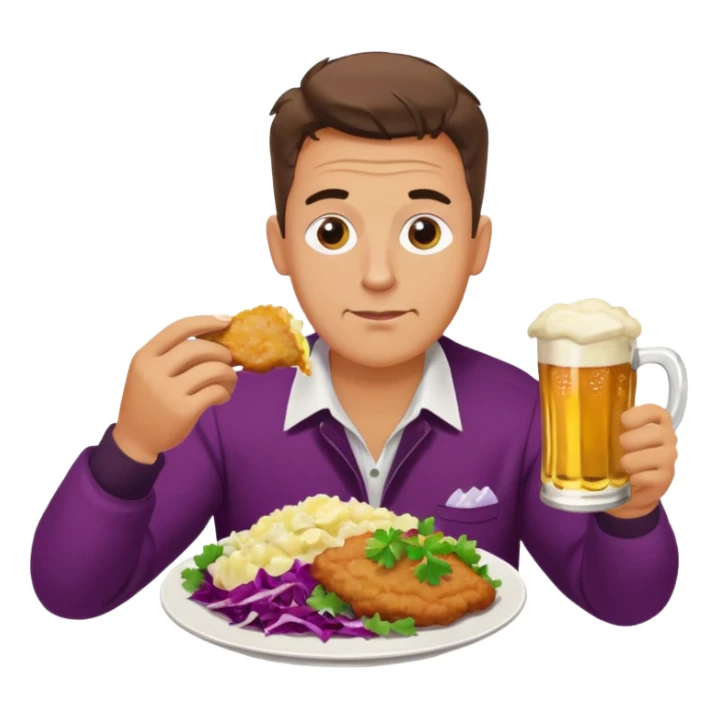 German man eating schnitzel, potato salad, red cabbage, sauerkraut, and beer sticker