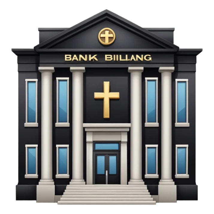 bank building with a cross over it, canceled bank sticker